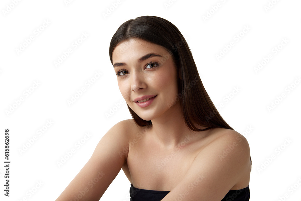 Portrait of young beautiful brunette woman with perfect, smooth, clear skin looking at camera, smiling on white studio background. Concept of natural female beauty, body and skincare, cosmetology, ad Portrait of young beautiful brunette woman with perfect, smooth, clear skin looking at camera, smiling on white studio background. Concept of natural female beauty, body and skincare, cosmetology, ad