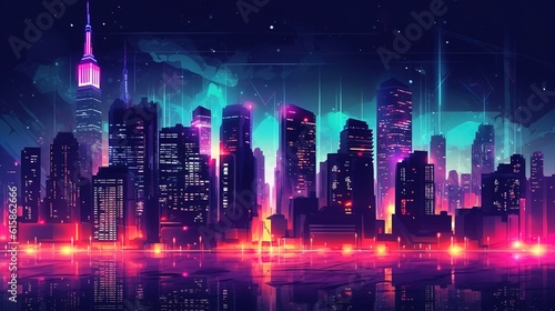 illustration Neon city at night with bright colorful neon lights. AI generation