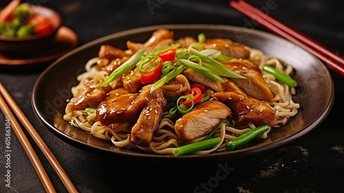 Teriyaki Temptations, Irresistible Chicken with Noodles and Spring Onions in a Flavorful Delight. Generative AI