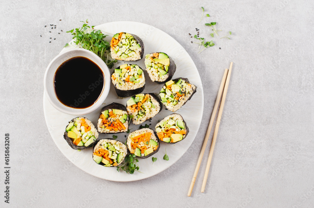 Vegan Sushi Rolls with Fresh Vegetables and Quinoa, Tasty Vegetarian Meal Vegan Sushi Rolls with Fresh Vegetables and Quinoa, Tasty Vegetarian Meal