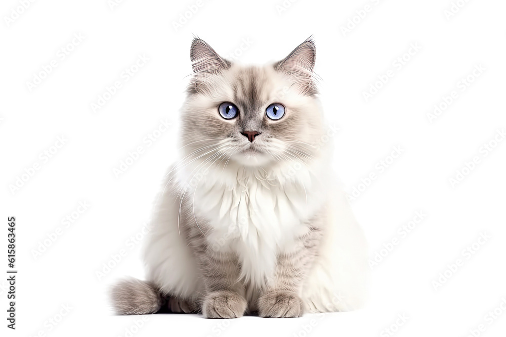 Obraz premium Cute fluffy portrait kitty Cat Ragdoll looking at camera isolated on clear png background, funny moment, pet concept, with Generative Ai.