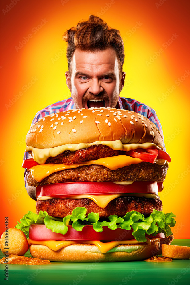 Large hamburger on the table with a very hungry man waiting to eat the burger. Generative Ai image Large hamburger on the table with a very hungry man waiting to eat the burger. Generative Ai image