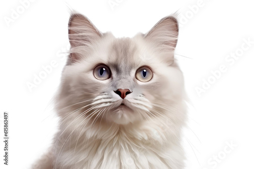Cute fluffy portrait kitty Cat Ragdoll looking at camera isolated on clear png background, funny moment, pet concept, with Generative Ai.