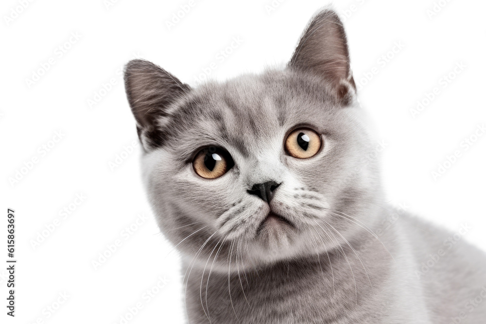 Cute fluffy portrait kitty Cat British Shorthair looking at camera isolated on clear png background, funny moment, pet concept, with Generative Ai.