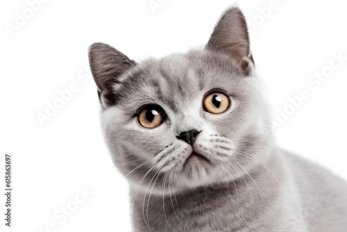 Cute fluffy portrait kitty Cat British Shorthair looking at camera isolated on clear png background, funny moment, pet concept, with Generative Ai. © TANATPON