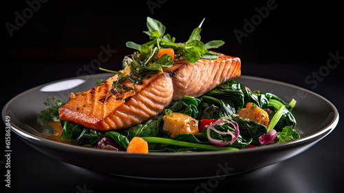salmon on a bed of greens and mixed salad with oranges, radish, red onion, arga