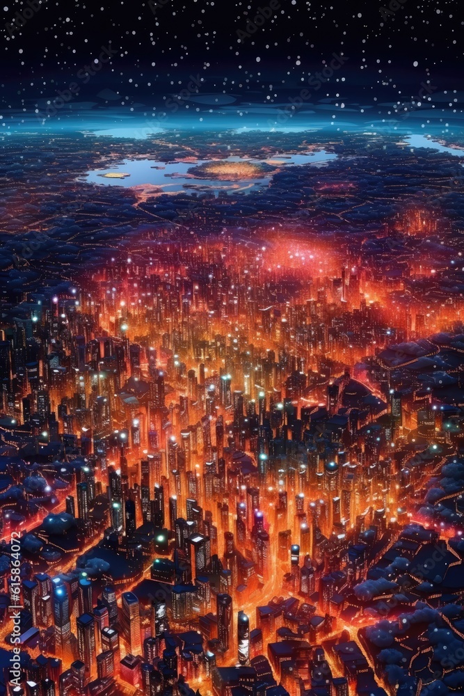 City skyline glitters with lights against dark horizon. Generative AI City skyline glitters with lights against dark horizon. Generative AI