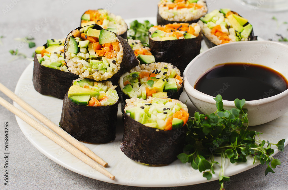 Vegan Sushi Rolls with Fresh Vegetables and Quinoa, Tasty Vegetarian Meal Vegan Sushi Rolls with Fresh Vegetables and Quinoa, Tasty Vegetarian Meal