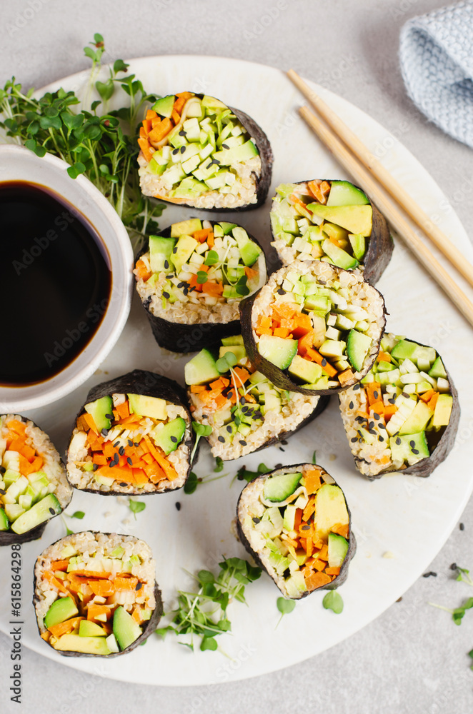 Vegan Sushi Rolls with Fresh Vegetables and Quinoa, Tasty Vegetarian Meal Vegan Sushi Rolls with Fresh Vegetables and Quinoa, Tasty Vegetarian Meal