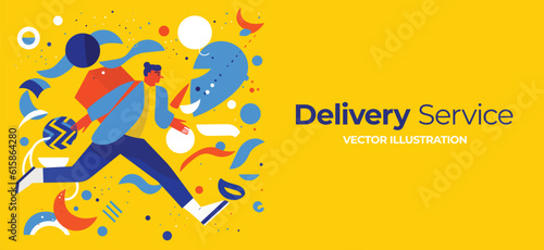 Delivery service concept. Man courier, delivery food to customer copy space. Flat cartoon character in running with special insulated backpack. Vector.