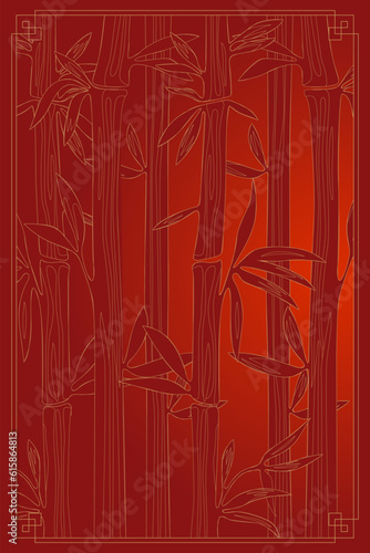 Bamboo forest background. Red thickets in Chinese or Japanese style frame. Natural vertical banner. Vector eps illustration