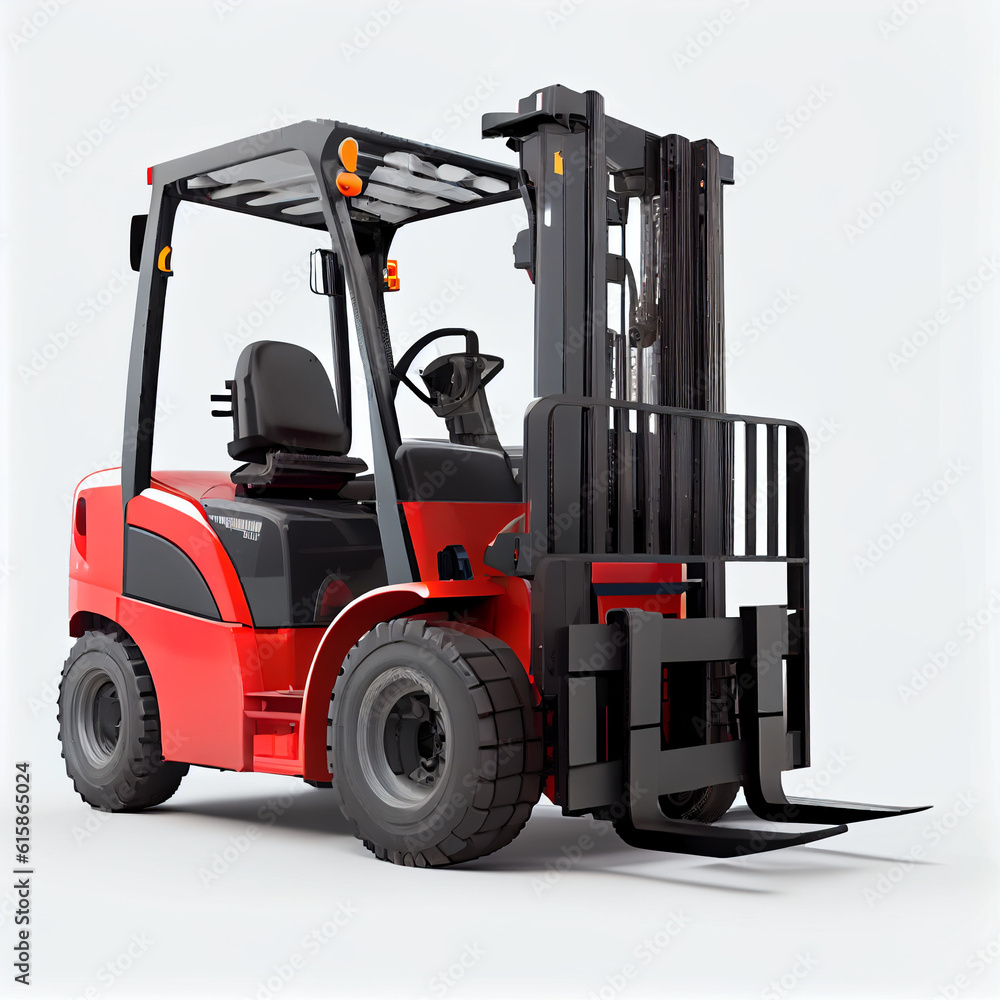 Red forklift for use in a warehouse, pivotal for logistics, material handling, and storage, isolated on a white background Ai generated image
