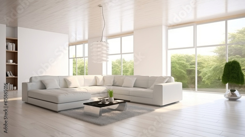 A White Modern Interior Illuminated by Panoramic Windows and Enhanced by a Stylish Corner Sofa. Generative AI © Gasspoll