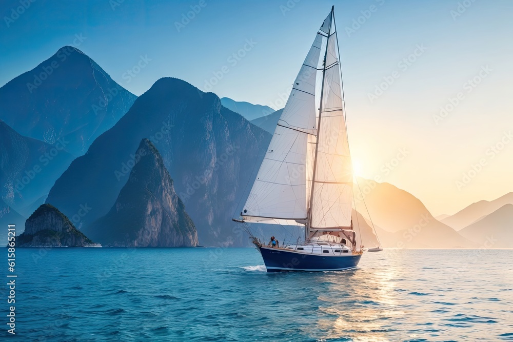 Sailboat in the sea in the evening sunlight over beautiful big mountains background, summer adventure, ai generative Sailboat in the sea in the evening sunlight over beautiful big mountains background, summer adventure, ai generative