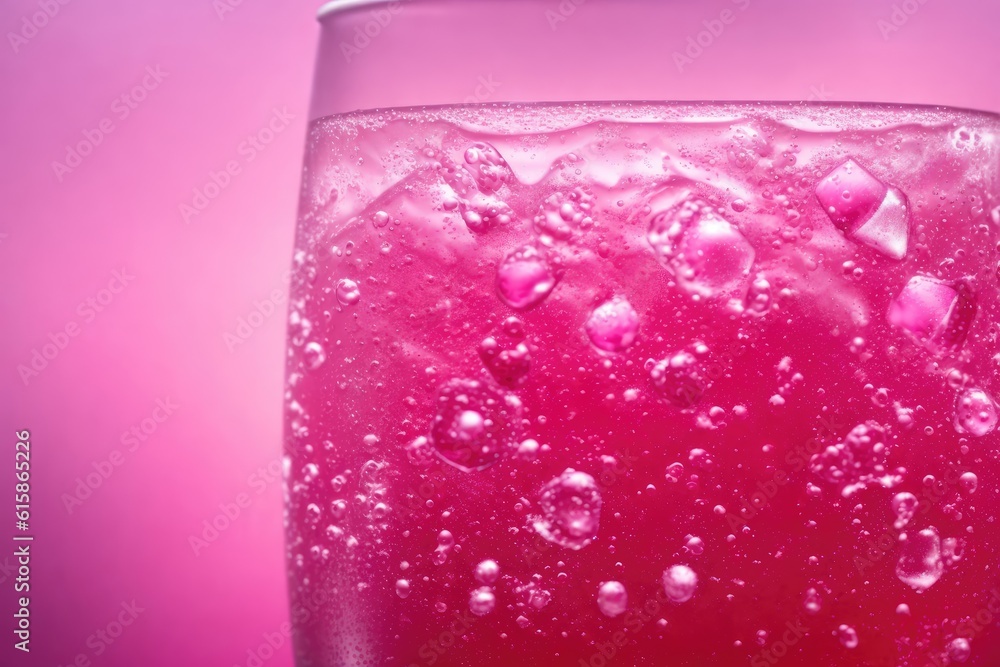 pink Cola with ice. Fresh cold sweet drink with ice cubes. Over red background with copy space, ai generative pink Cola with ice. Fresh cold sweet drink with ice cubes. Over red background with copy space, ai generative