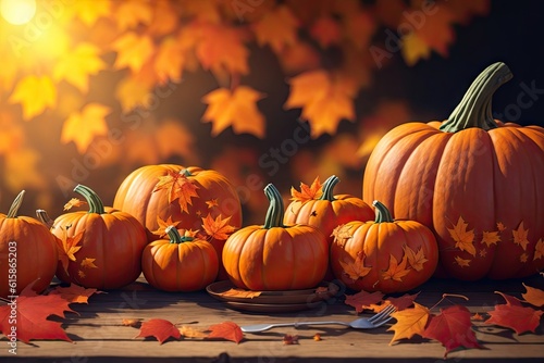 Pumpkins with fall leaves over wooden background  ai generative
