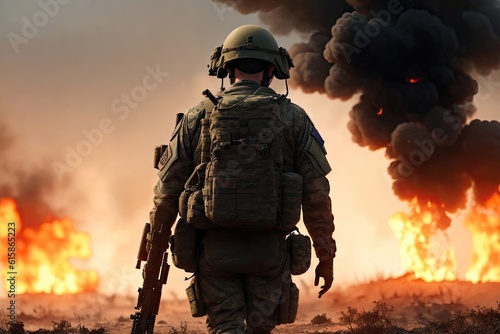 Army soldier in action. Great explosion with fire and smoke billows, ai generative