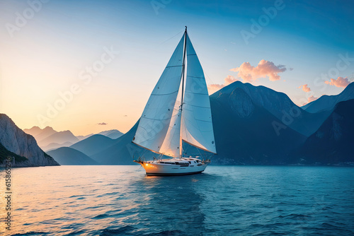 Sailboat in the sea in the evening sunlight over beautiful big mountains background, summer adventure, ai generative