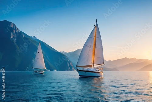 Sailboat in the sea in the evening sunlight over beautiful big mountains background, summer adventure, ai generative