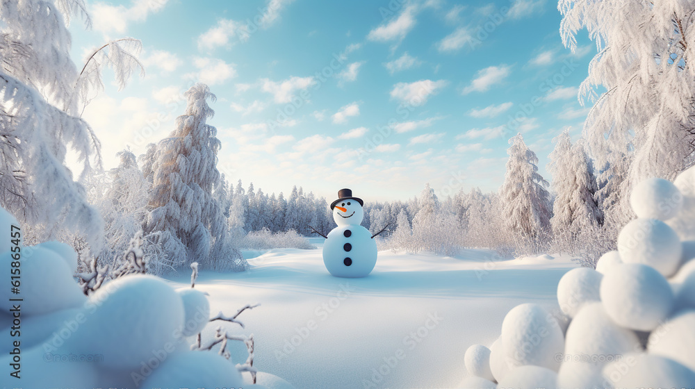 Fototapeta premium Winter Wonderland, A Panoramic Delight of a Joyful Snowman. Generative AI