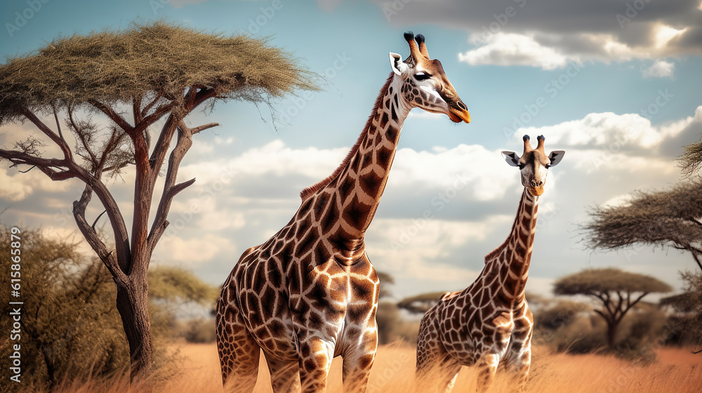 Two giraffes standing next to each other in a field with trees in the background. Generative AI Two giraffes standing next to each other in a field with trees in the background. Generative AI