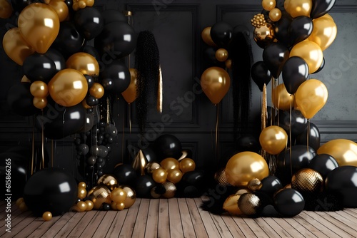 Modern Black Hall interior with full of filled gas balloons flying in, Golden and black balloons background, generative ai