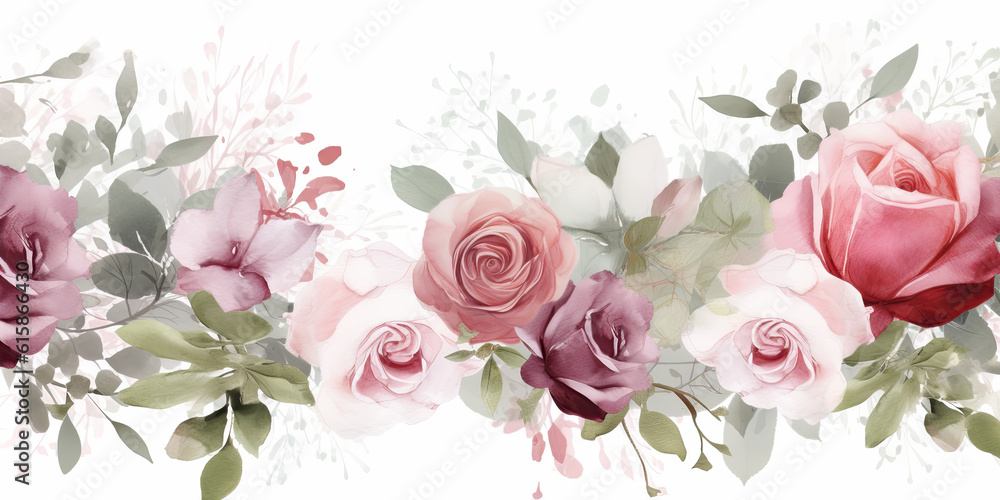 acuarela con flores en tonos rosas, rojos, verdes y blancos sobre fondo blanco.Ilustracion de Ia generativa acuarela con flores en tonos rosas, rojos, verdes y blancos sobre fondo blanco.Ilustracion de Ia generativa