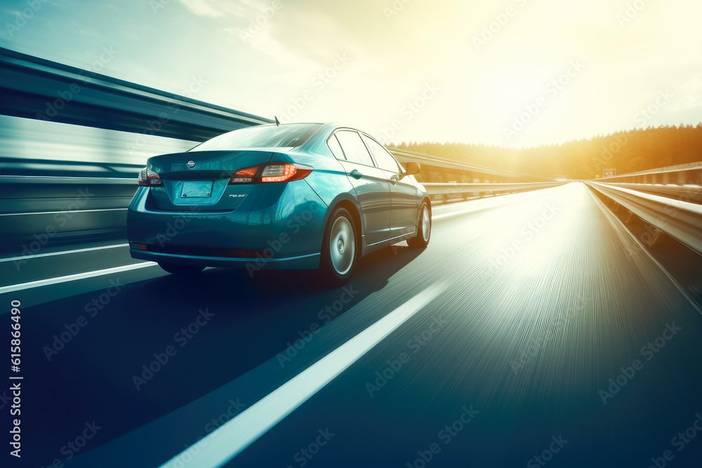 Car drive on asphalt road at sunset. Generative AI.