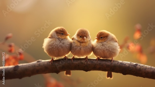 three cute little baby birds sitting on a tree branch outside in the nature. blur background with wildlife. Generative AI
