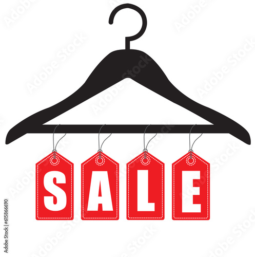 Un percha negra con un cartel de rebajas. Vista de frente y de cerca. Icono vector