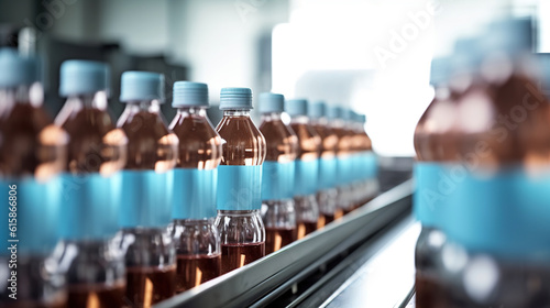 Bottling Beverages in Pristine Plastic Bottles at a Bright Factory Line, Generative AI