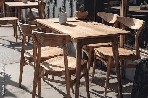 outside wooden tables and chairs in a street cafe. Vertical frame. Generative AI