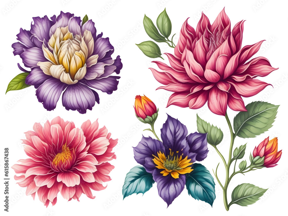 Obraz premium set of colorful flower vibrant watercolor on transparent background,generative ai