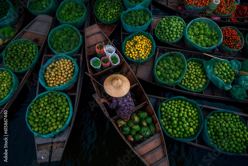 Fruit and vegetable market on boats in Thailand. Generative AI