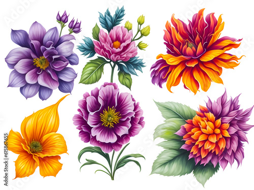 set of colorful flower vibrant watercolor on transparent background generative ai