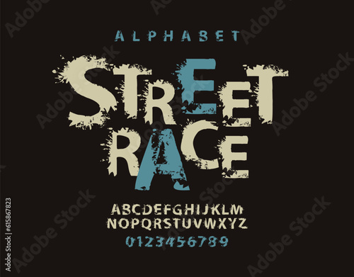STREET RACE lettering with spots in grunge style. Splash Alphabet, vector set of abstract alphabet letters and numbers on a light background. Creative font for headline, poster, label, logo