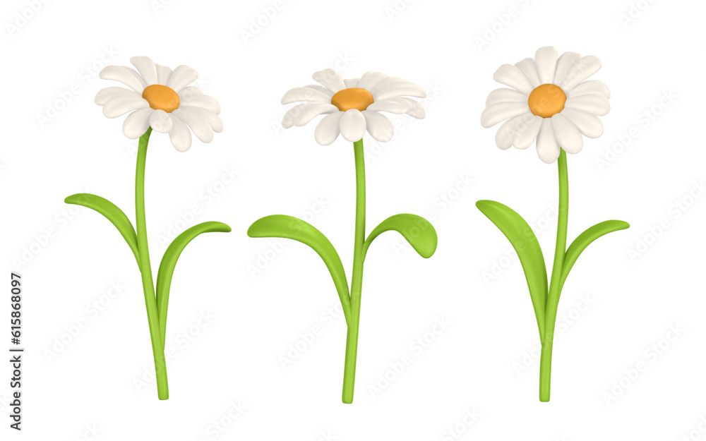 3D Cute colorful daisy flower. Chamomile in cartoon style. Vector illustration