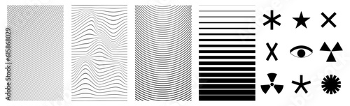 Set of abstract aesthetic y2k geometric elements and 3D wireframe shapes. Black and white retro line design elements. Vector illustration for social network or poster on transparent background.