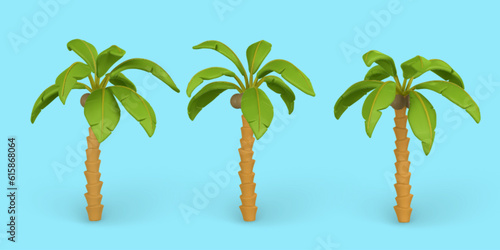 3D Cute cartoon tropical palm tree. Realistic jungle tree on blue background. Summertime object. Vector illustration