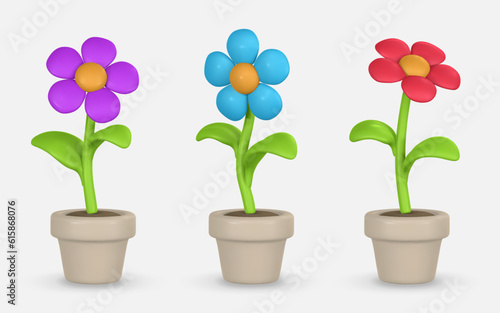 3D Cute colorful flower in a pot. Chamomile in cartoon style. Vector illustration