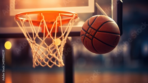 BASKET HOOP, Brand new basketball, Sport Wallpaper, Poster, Background, Backdrop. THE GAME OF BASKET. 16:9 format. Illustration of the basket and the ball. Light reflections. Generative AI