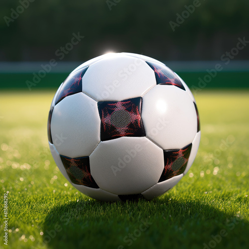 PRISTINE NEW SOCCER BALL. Sport Wallpaper, Football field, Poster, background. Black and White Football Ball. Football ball on a green soccer field with light reflections. Generative AI