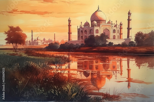 Taj Mahal Indian Palace at sunset. Generative AI.