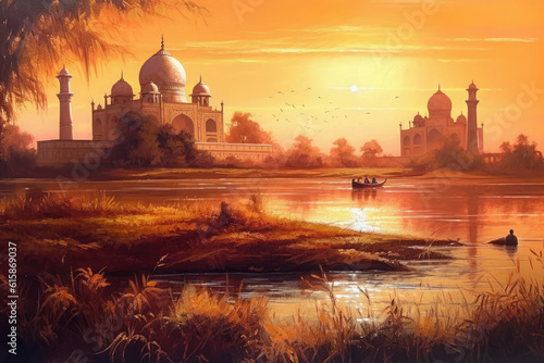 Taj Mahal Indian Palace at sunset. Generative AI.