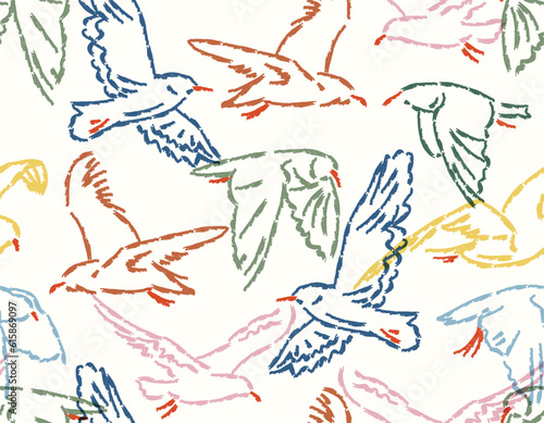 Artistic line Cute seagull bird seamless pattern,illustration vector by freehand doodle comic art,minimal style