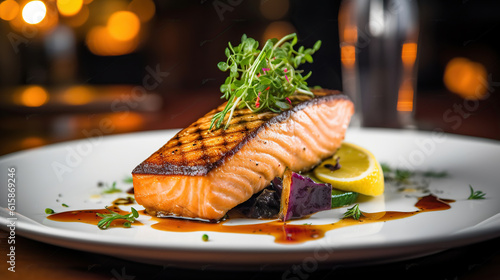 Delicious grilled salmon fillet in luxury restaurant, Generative AI