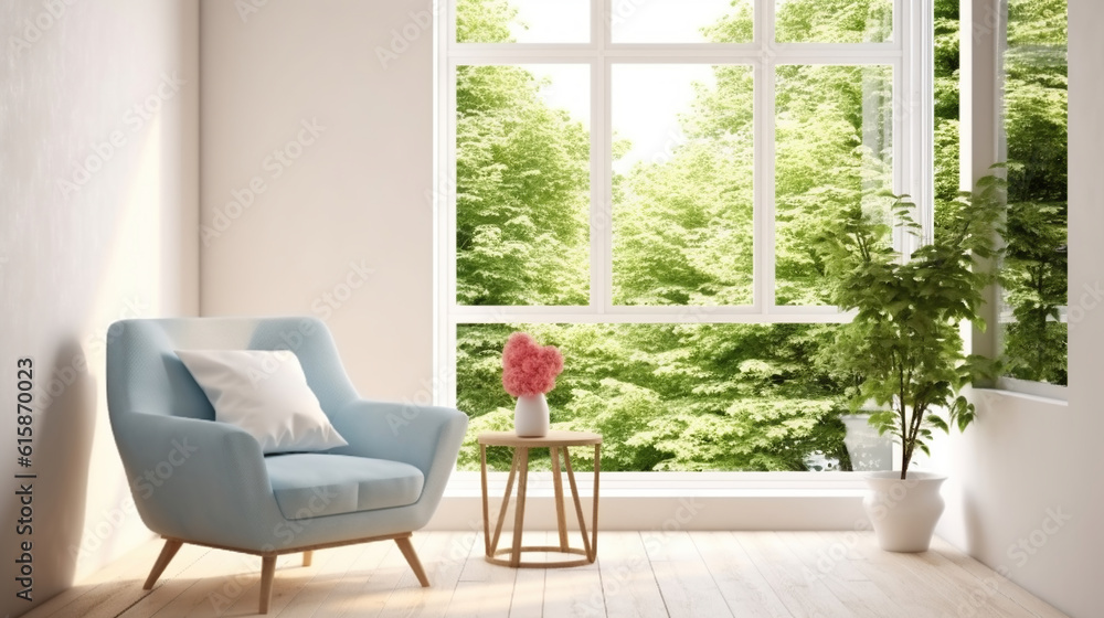 Stylish room in white color with armchair and green landscape in window. Scandinavian interior design. 3D illustration. Generative AI Stylish room in white color with armchair and green landscape in window. Scandinavian interior design. 3D illustration. Generative AI