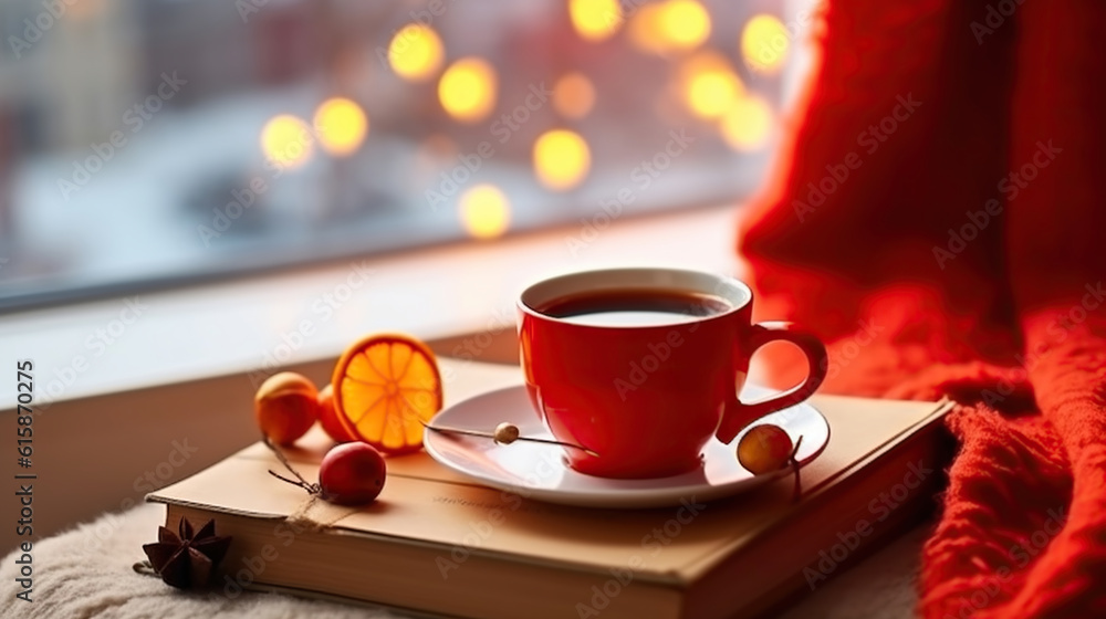 Obraz premium Red cup with hot coffee on the wooden cut with clementine mandarin, book and glowing christmas lights on the window sill. Holiday morning comfort concept. Generative AI
