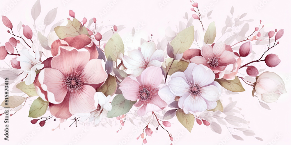 acuarela  con flores en tonos rosas, rojos, verdes y blancos sobre fondo blanco.Ilustracion de Ia generativa - obrazy, fototapety, plakaty 