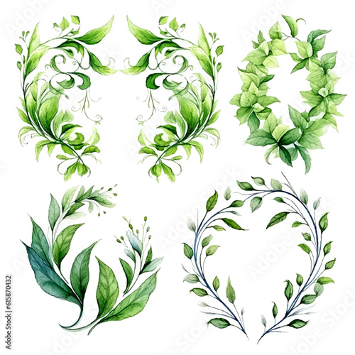 Green vine climbing plant with green leaf set, flat vector illustration isolated on white background. Green vines plant decorative